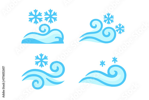 Snow cap symbol. Flat icon set. Vector cartoon illustration. Winter blizzard and cold wind blowing with snowflakes. Weather forecast element. Cold air flow symbol collection.