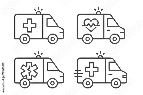 Ambulance car line icon set. Emergency medical vehicle collection. Paramedic van, hospital transport simple outline symbols. First aid, health care, heartbeat, cross sign.