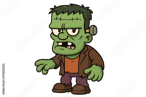 Cartoon Frankenstein monster. Cute green zombie character vector illustration for Halloween. Classic horror movie creature with stitches. Spooky undead ghoul graphic design.