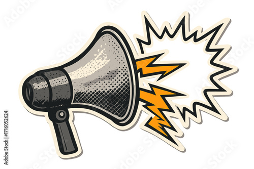 Loudspeaker promotion retro banner sticker. Megaphone announcement concept. Halftone collage element. Advertising urgent message. Protest marketing communication. Paper cut out.