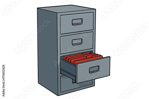 Filing cabinet with open drawer full of folders. Office furniture for document storage and data management. Vector illustration concept for business archive, organization, and bureaucracy.