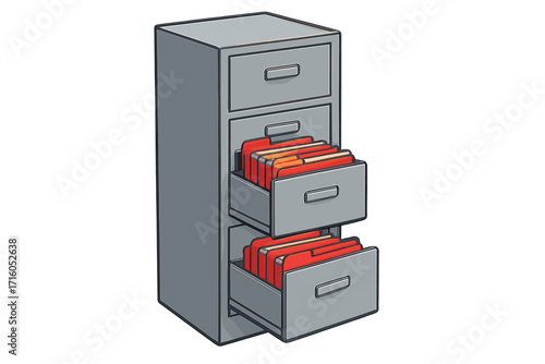 Filing cabinet with open drawers. Office furniture for document storage, data archive. Business organization, paperwork management. Information retrieval concept vector illustration.