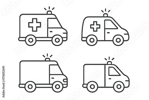 Ambulance line icon set. Simple vector collection of emergency medical transport vehicles. Minimalist hospital car icons with editable stroke for web, apps, and infographics.