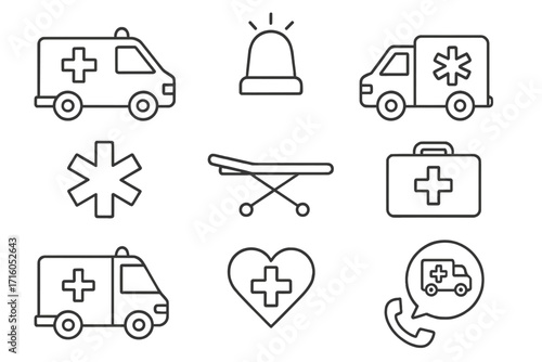 Ambulance line icon collection. Emergency medical service symbols. Paramedic, hospital, and first aid kit icons. Healthcare and medicine vector graphic set for web and apps.