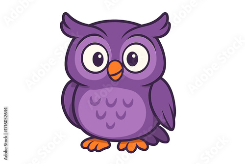 Cute purple owl cartoon vector illustration. Funny baby bird character mascot design. Adorable wise owlet graphic for kids. Kawaii animal icon isolated. Simple flat art.
