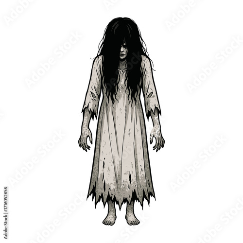 Vector illustration of a female ghost, a kuntilanak, wearing dirty white clothes and long hair covering her scary face. Isolated on a white background.