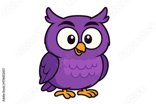 Cute purple owl cartoon character. Adorable funny bird with big eyes. Vector illustration of a friendly woodland animal mascot design element for kids. Isolated comic creature.