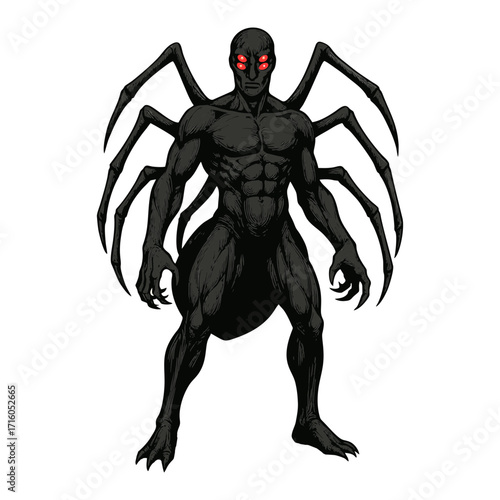 vector illustration of a dark colored humanoid spider with red eyes.isolated on a white background.