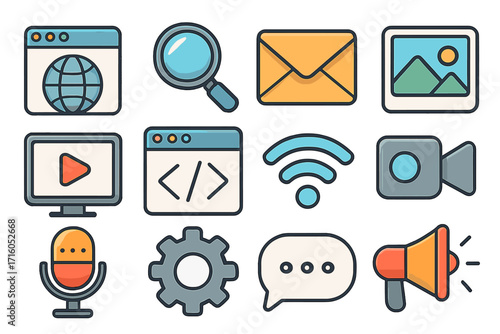 Digital marketing and web icon set. Vector cartoon collection for business communication, social media, content creation, seo, email, video, podcasting and web development.