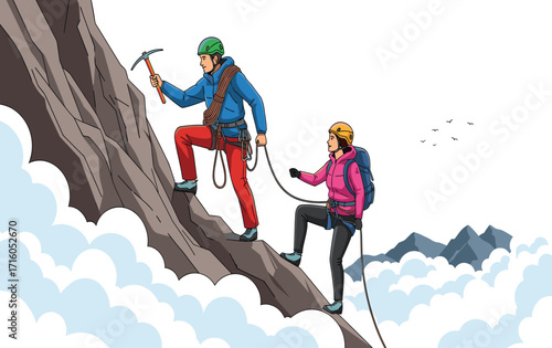 Mountain climbers, teamwork, adventure, high altitude, rocky cliff, safety rope, ice axe, extreme sport, outdoor challenge, clouds, peak, ascent, gear, helmets, backpacks, nature, endurance