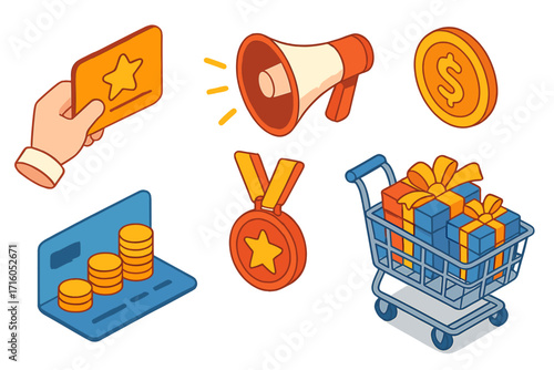Loyalty program isometric icon set. Customer reward and bonus points concept. Shopping promotion with gifts, cashback, and discounts. Marketing and sales vector illustration.