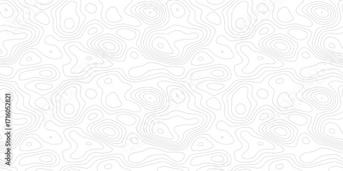 Seamless topographic line contour map background, monochrome geographic grid map