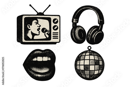 Retro music collage elements set. Grunge halftone singer on vintage TV, headphones, disco ball, open lips. Pop art vector icon collection for karaoke, broadcast, party design.