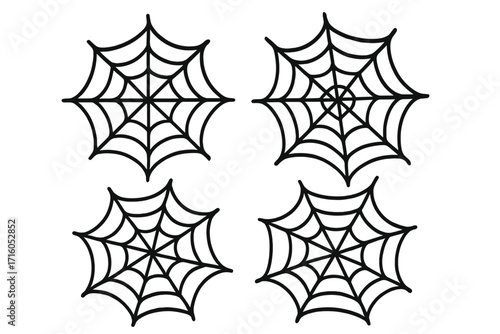 Set of four spiderweb icons. Black cobweb silhouette collection. Spooky graphic for Halloween party decoration. Vector illustration of a scary horror net trap symbol isolated.