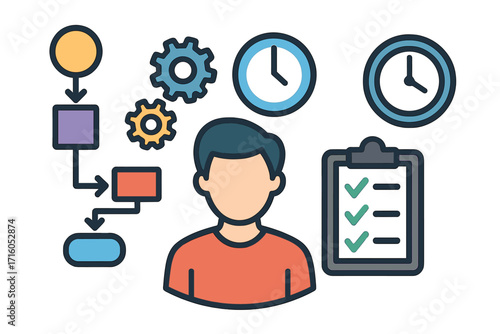 Project management concept. Man avatar with workflow diagram, clocks and checklist. Time management, multitasking, productivity and business process optimization illustration.