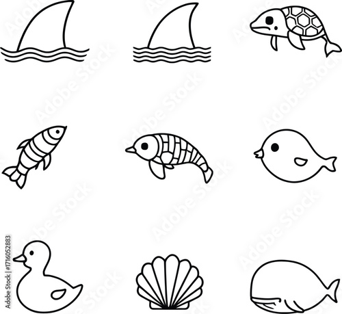 Ocean animals line art vector illustration set shark turtle fish dolphin bird duck shell whale icon set