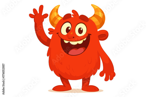 Cute cartoon monster waving hello. Funny red furry character with horns smiling. Vector illustration of a happy little devil or troll mascot for kids. Adorable friendly creature.