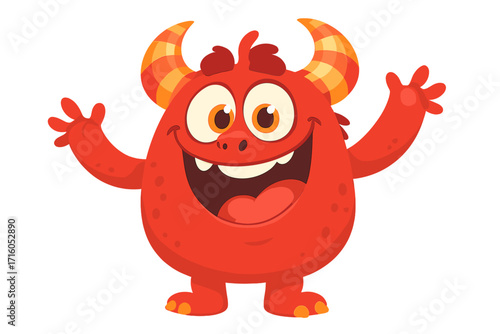 Funny cartoon monster waving. Happy red alien character with horns smiling. Cute gremlin or beast vector illustration. Mascot for Halloween. Cheerful friendly expression.