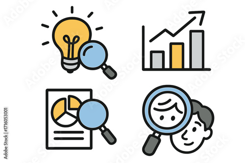 Research and analysis icon set. Data analytics, market study, business growth chart. Customer research with magnifying glass. Idea and innovation lightbulb vector concept.