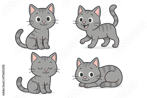 Cute gray tabby cat character set. Cartoon kitten in different poses: sitting, walking, sleeping, lying down. Vector illustration collection for kids. Adorable funny pet mascot.