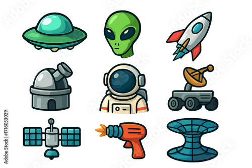 Science fiction icon set. Cartoon vector graphics for space and astronomy. Includes alien, UFO, rocket, astronaut, observatory, rover, satellite, laser gun, and wormhole.