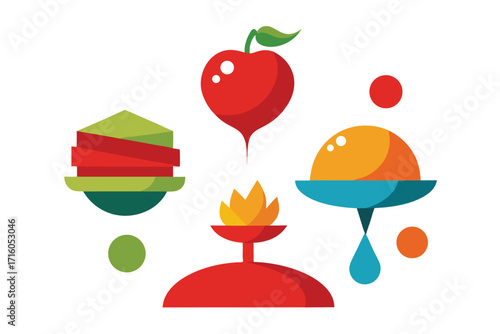 Surreal Food Items Defying Gravity with Dog Illustration Elements in a Colorful Design