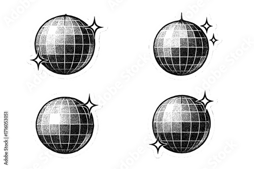 Set of disco ball halftone stickers. Vector torn paper collage effect. Vintage mirror ball illustration with sparkles. Retro party concept for 70s and 80s music events.