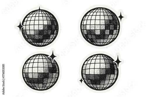 Retro disco ball halftone collage stickers set. Vector torn paper effect. Vintage mirror ball on white background. Cutout abstract dotted globe with sparkles. 70s party concept.