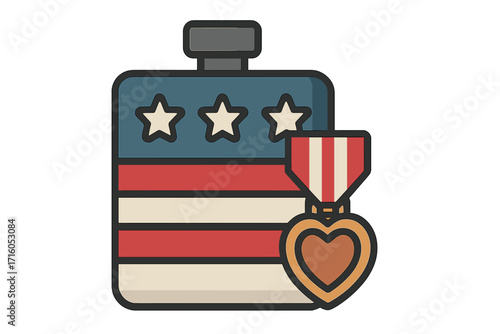American flag flask with Purple Heart medal. Veteran's Day symbol. Military service, sacrifice, honor. Flat vector illustration. USA army, patriotism concept. Canteen icon.