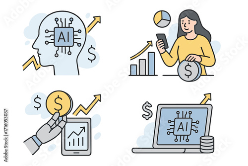 Artificial intelligence in finance. Fintech investment and stock trading concept. AI robo advisor for financial analysis, money growth and business success. Set of vector icons.