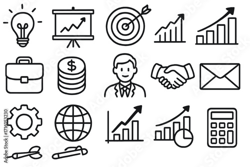 Business and finance line icon set. Vector icons for success, strategy, growth, investment, data analysis, profit, and teamwork. Corporate concepts for marketing.