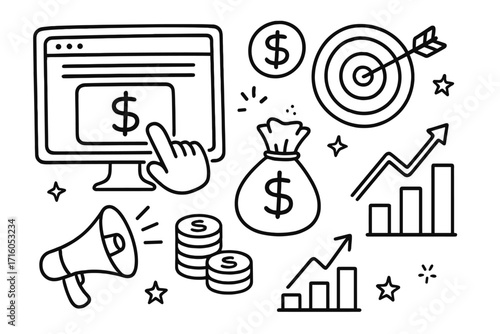 Business growth and finance doodle icon set. Marketing strategy concept with target, money bag, profit chart, and pay per click symbol. Vector illustration for investment success.