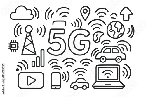 5G wireless technology doodle icons. Hand drawn vector set showing mobile network, internet of things, data streaming, smart car, global communication, and cloud computing concept.