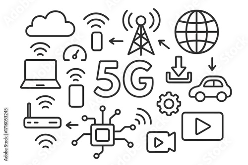 5G network technology vector line icon set. Wireless mobile internet connection concept. High speed data transmission, cloud computing, streaming and IoT illustration.