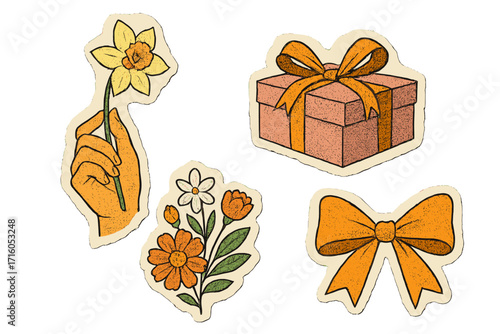 Mother's Day greeting card elements set. Vintage collage with dotted halftone texture. Hand holding daffodil flower, gift box present with bow. Retro torn paper media style.