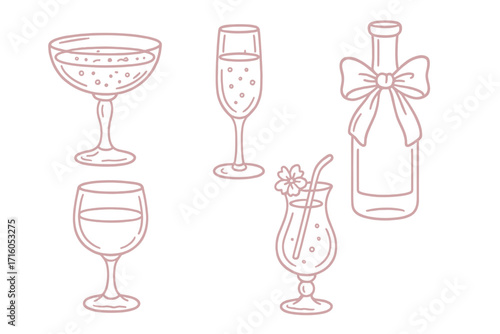 Girly pink cocktail glasses set in coquette aesthetic. Cute vintage line art collection for bachelorette party. Champagne, wine bottle with bow, drinkware icons for bar menu.