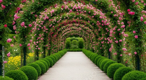 An enchanting walkway through a romantic garden tunnel, with a beautiful archway trellis adorned with blooming pink roses and neat boxwood hedges