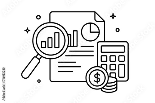 Financial audit, data analysis, accounting report vector icon. Business analytics, budget calculation, economic research. Magnifying glass over chart, calculator, and money.