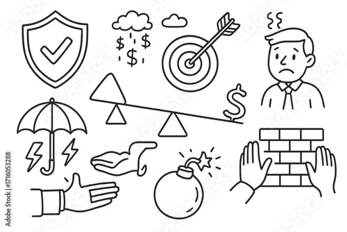 Financial risk management doodle icon set. Business concepts illustration for strategy, security, and insurance. Vector metaphors for crisis, goals, stress, and protection.