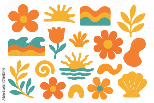 Groovy naive abstract summer art set. Organic floral, sea, beach doodle shapes in trendy minimal retro hippie 60s 70s style. Botanic hand drawn vector illustration elements.
