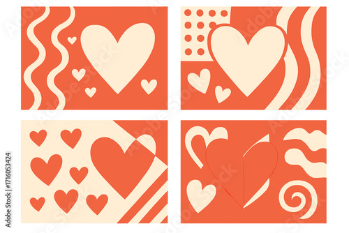 Valentine's Day card set with abstract heart patterns. Retro duotone style for modern minimalist design. Love concept for 14 February greetings, banners, backgrounds, posters.