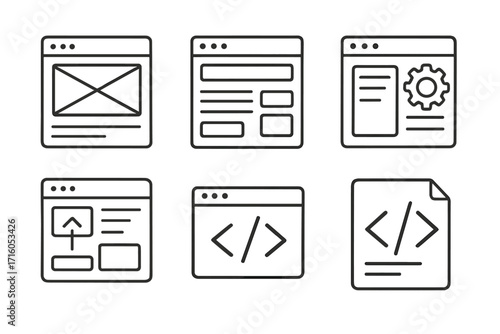 Web design and development line icon set. Doodle symbols for UI, UX, wireframe, prototype, coding, landing page, and programming. Simple vector cartoon illustration.