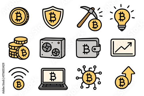 Bitcoin cryptocurrency vector icon set. Doodle cartoon collection of blockchain technology symbols. Crypto mining, finance investment, secure digital wallet, trading growth chart.