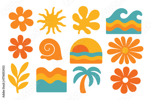 Retro 70s groovy abstract summer set. Organic floral, sea, and beach shapes. Minimal hippie 60s style vector illustration with flower power, sun, wave, and palm tree icons.