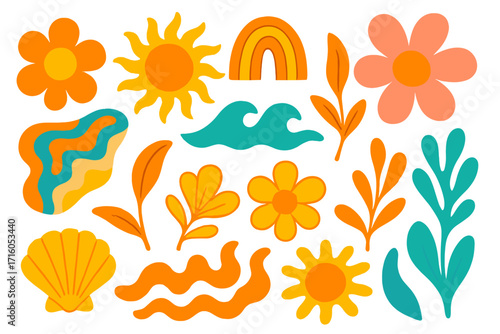 Groovy naive abstract summer art set. Organic floral, sea, beach doodle shapes. Trendy minimal retro hippie 60s 70s style. Botanic hand drawn vector illustration pack.