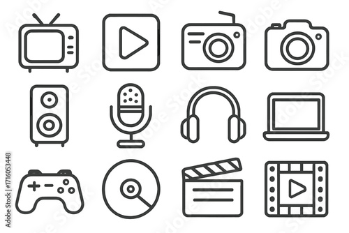 Multimedia line icon set for entertainment and media. Vector symbols for television, video, audio, gaming, and photography. Modern outline pictograms for web and mobile apps.