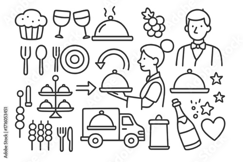 Catering service line icon set. Restaurant staff, food delivery truck, and banquet elements. Vector doodle illustration for event planning, celebration, party, and fine dining.