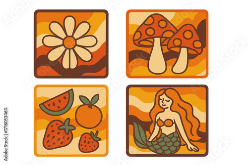 Retro groovy hippie art print set with 70s aesthetic. Vintage summer collection with daisy flower, trippy mushroom, juicy fruits and mermaid character on abstract backgrounds.