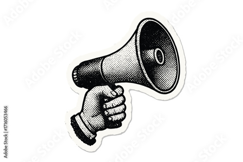 Hand holding megaphone illustration. Vintage halftone sticker for collage. Retro announcement, protest, or propaganda concept. Loudspeaker for communication, news, and alert. Vector cutout.