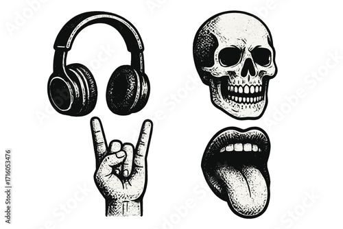Hard rock halftone collage elements. Vector set for metal and grunge music themes. Sticker icons pack with headphones, skull, rock hand gesture, and open lips with tongue.